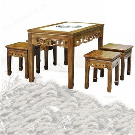 众美德复古雕花火锅桌椅组合实木火锅桌古典中式电磁炉火锅桌带长条凳定制实惠