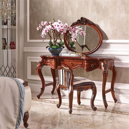 名人居 中式家具 胡桃木梳妆台化妆桌实木妆台美妆台凳组合