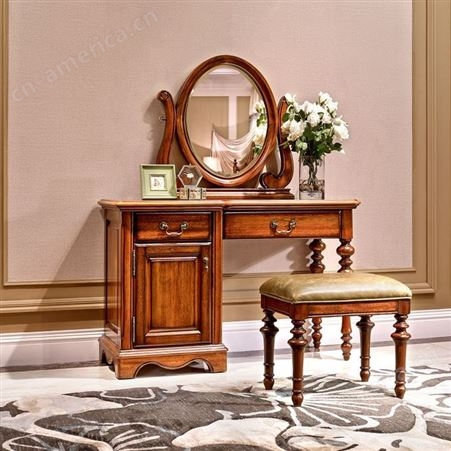 名人居 中式家具 胡桃木梳妆台化妆桌实木妆台美妆台凳组合