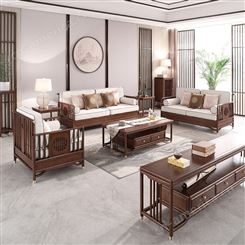 新中式实木沙发简约 现代样板房客厅实木皮艺沙发 禅意别墅民宿酒店家具 可定做