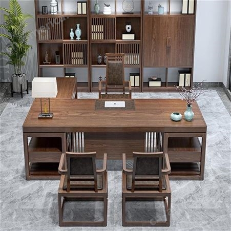 新中式办公桌椅组合 全实木老板桌总裁桌 祥云大班公室家具 可定做